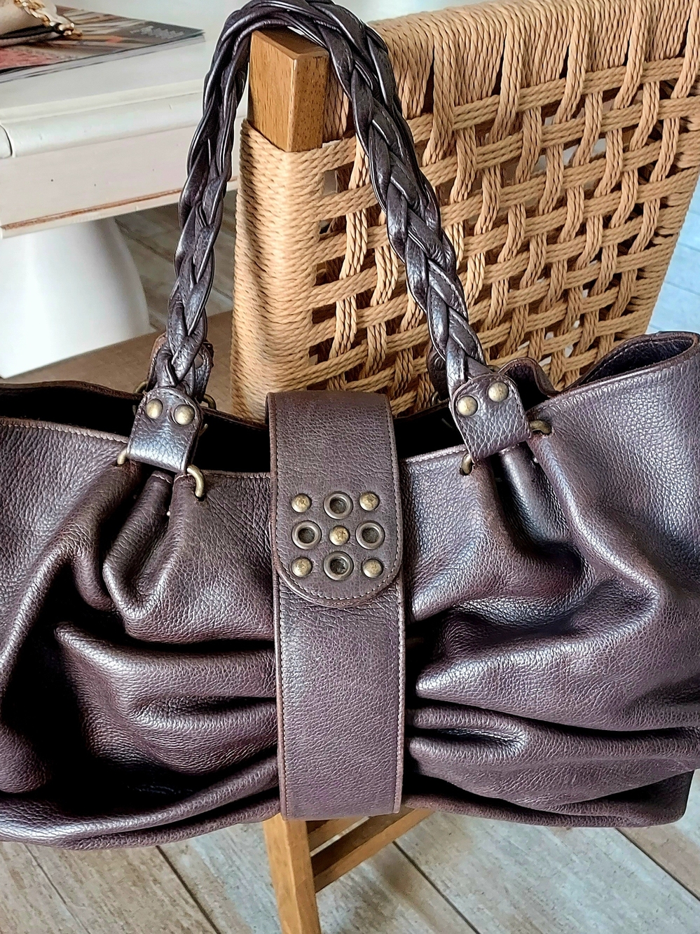 Braided-Handle Shoulder Bag in Dark Brown Leather